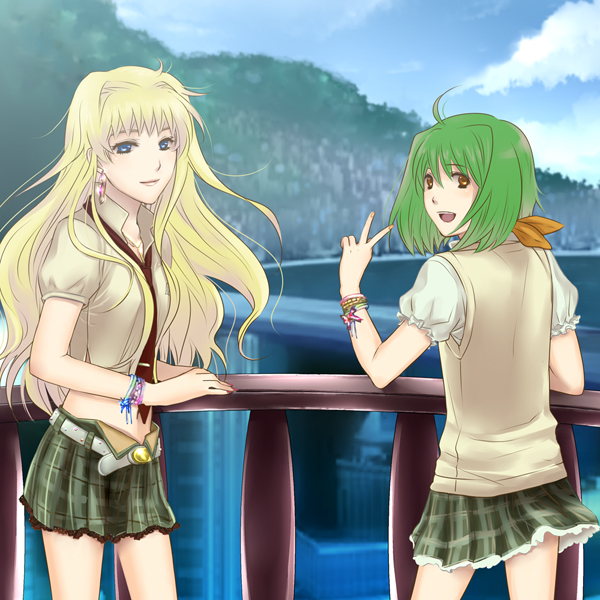 ranka lee, sheryl nome, macross, macross frontier, 00s, 2girls, belt, blonde hair, blue eyes, bug, butterfly, city, cloud, day, earrings, jewelry, multiple girls, necktie, red eyes, school uniform, serafuku, short hair, sky, smile, twintails, v