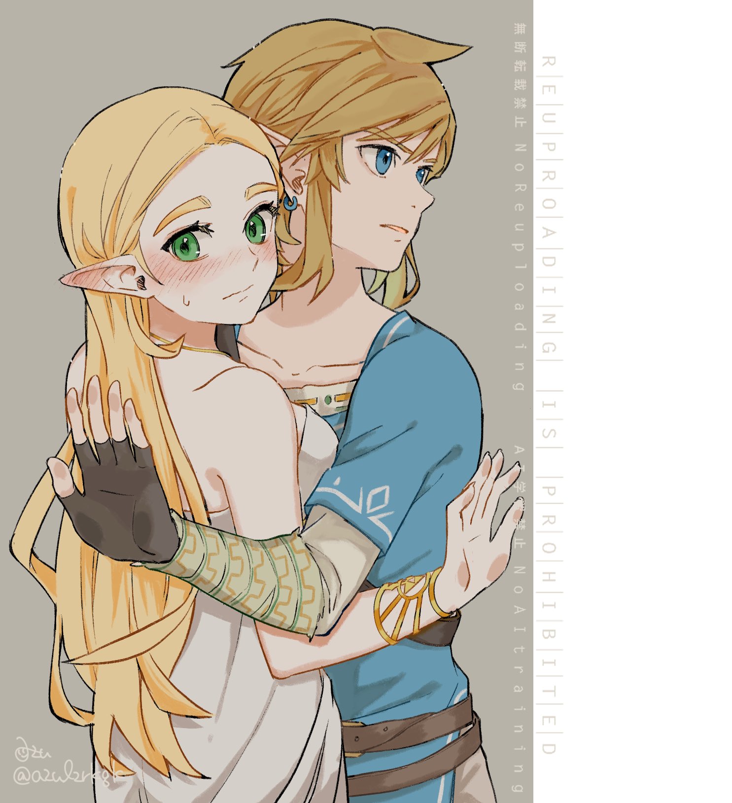 azulzrkgk, link, princess zelda, nintendo, the legend of zelda, the legend of zelda: breath of the wild, highres, 1boy, 1girl, bare shoulders, blonde hair, blue eyes, blue tunic, blush, border, bracer, breasts, couple, dress, earrings, fingerless gloves, gloves, green eyes, grey background, hair between eyes, hetero, jewelry, long hair, medium breasts, medium hair, parted bangs, parted lips, pointy ears, sidelocks, sweatdrop, tunic, twitter username, upper body, white border, white dress