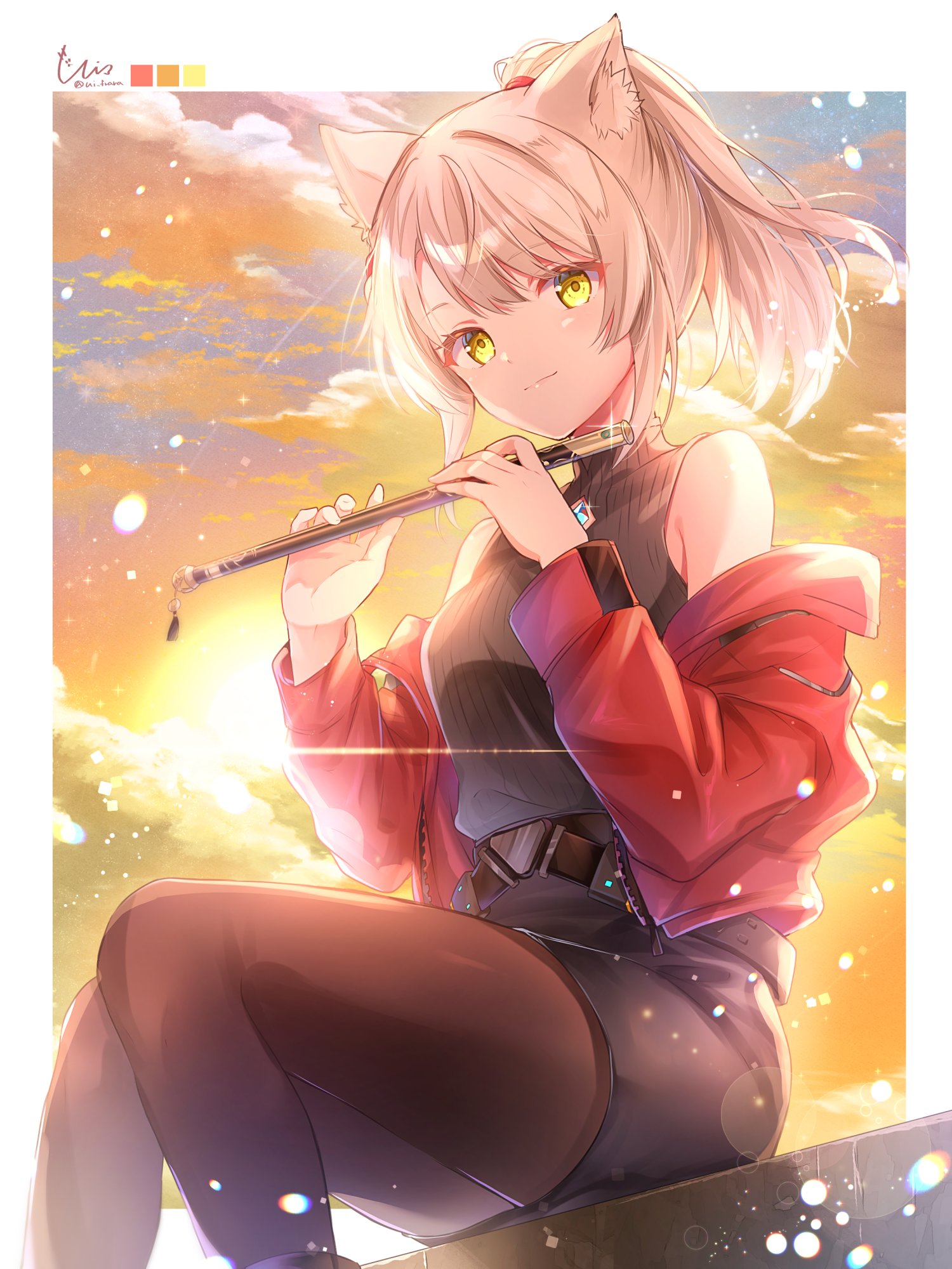 ui frara, mio (xenoblade), noah (xenoblade), xenoblade chronicles (series), xenoblade chronicles 3, commentary request, highres, 1girl, animal ear fluff, animal ears, artist name, bare shoulders, black shirt, black skirt, border, borrowed hairstyle, breasts, brown pantyhose, cat ears, cat girl, chest jewel, closed mouth, color guide, cosplay, feet out of frame, flute, holding, holding flute, holding instrument, instrument, jacket, long sleeves, looking at viewer, noah (xenoblade) (cosplay), off shoulder, orange sky, outside border, pantyhose, pencil skirt, ponytail, red jacket, ribbed shirt, shirt, signature, skirt, sky, sleeveless, sleeveless shirt, small breasts, smile, solo, sunset, turtleneck, turtleneck shirt, white border, white hair, yellow eyes