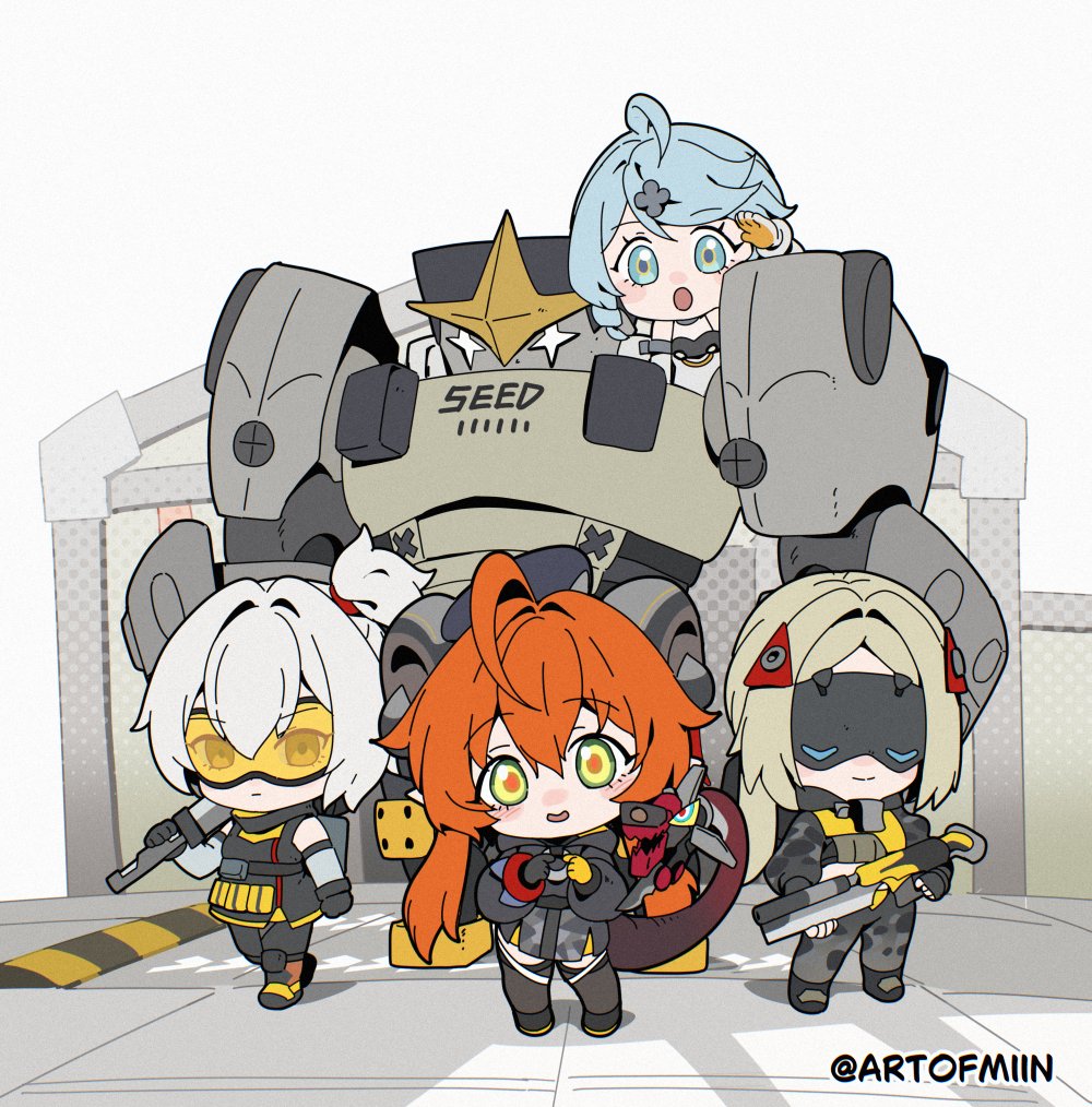 artofmiin, magus (zenless zone zero), orphie magnusson, seed (zenless zone zero), seed sr., soldier 11 (zenless zone zero), trigger (zenless zone zero), zenless zone zero, commentary, symbol-only commentary, 4girls, black mask, blonde hair, blue eyes, blue hair, chibi, chibi only, closed mouth, eye mask, gloves, goggles, green eyes, grey hair, gun, hair between eyes, hair ornament, holding, holding gun, holding weapon, horns, humanoid robot, long hair, mechanical tail, multiple girls, open mouth, orange hair, robot, tail, twitter username, weapon