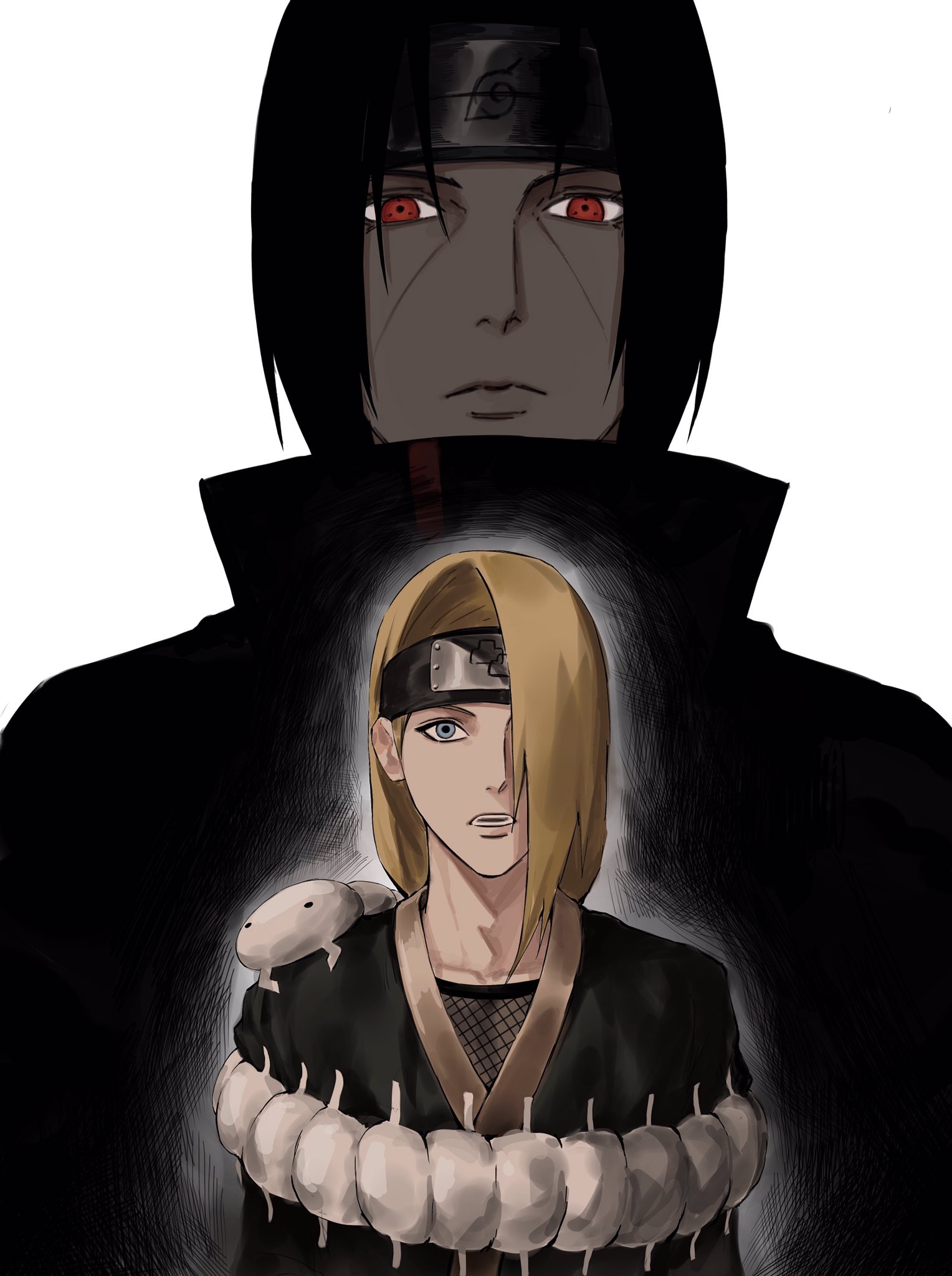 sso s, deidara (naruto), uchiha itachi, naruto (series), naruto shippuuden, highres, 2boys, akatsuki uniform, black hair, blue eyes, closed mouth, forehead protector, hair over one eye, iwagakure symbol, konohagakure symbol, male focus, multiple boys, red eyes, sharingan, short hair, simple background, teeth, upper body, white background