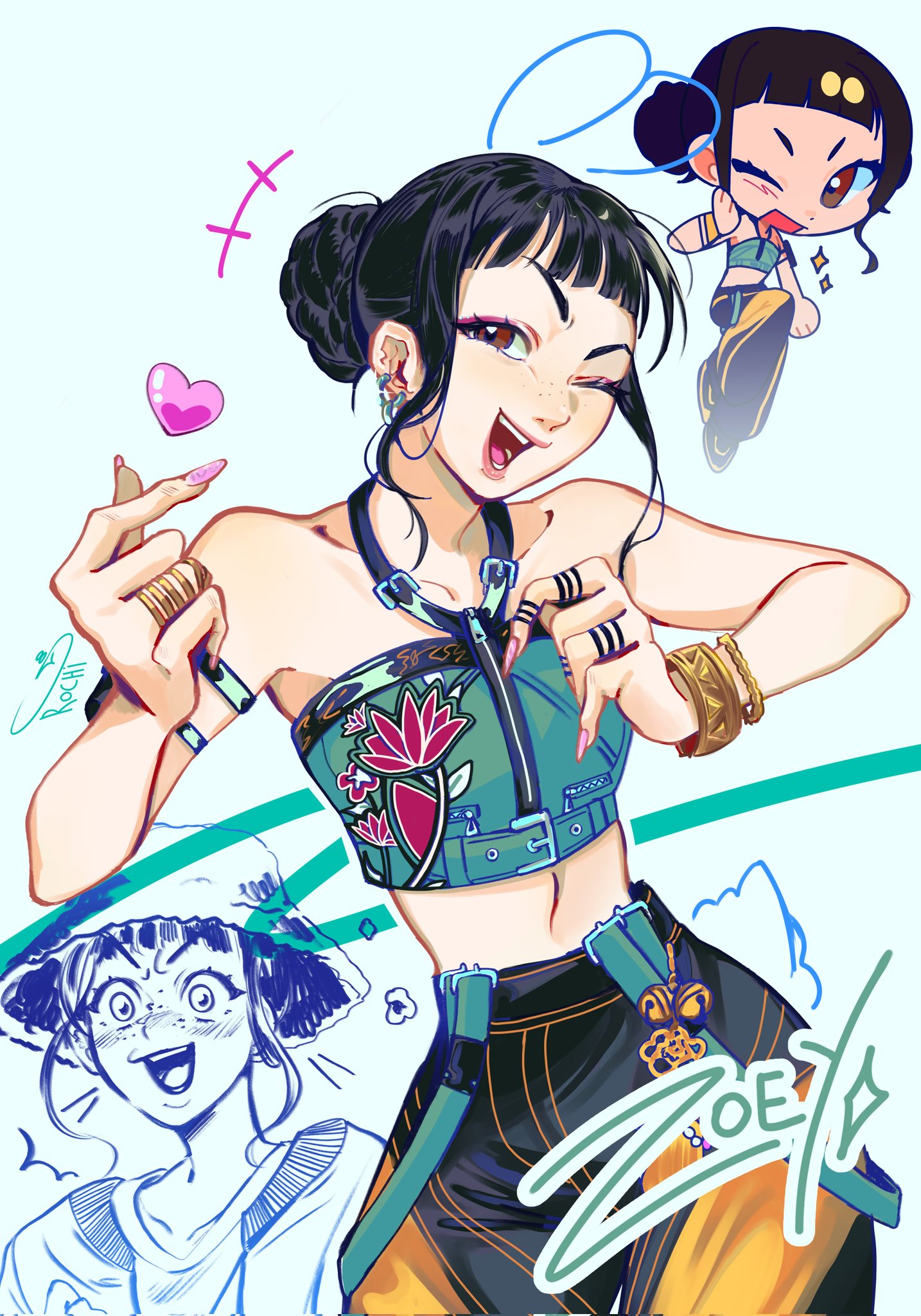 zoey (kpop demon hunters), kpop demon hunters, commentary, highres, +++, 1girl, arm pouch, black hair, blunt bangs, bracelet, brown eyes, brown hair, character name, chibi, eyeshadow, freckles, halterneck, hat, heart, heart hands, jewelry, looking at viewer, makeup, multiple views, one eye closed, pants, ring, rochip00, sidelocks, simple background, smile, sparkle, white background