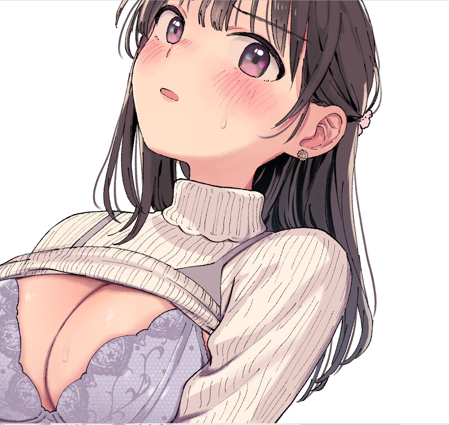 miyama (kannsannn), original, highres, 1girl, black hair, blush, bra, breasts, cleavage, earrings, jewelry, large breasts, long hair, open-chest sweater, purple eyes, solo, striped background, sweat, sweater, underwear, upper body