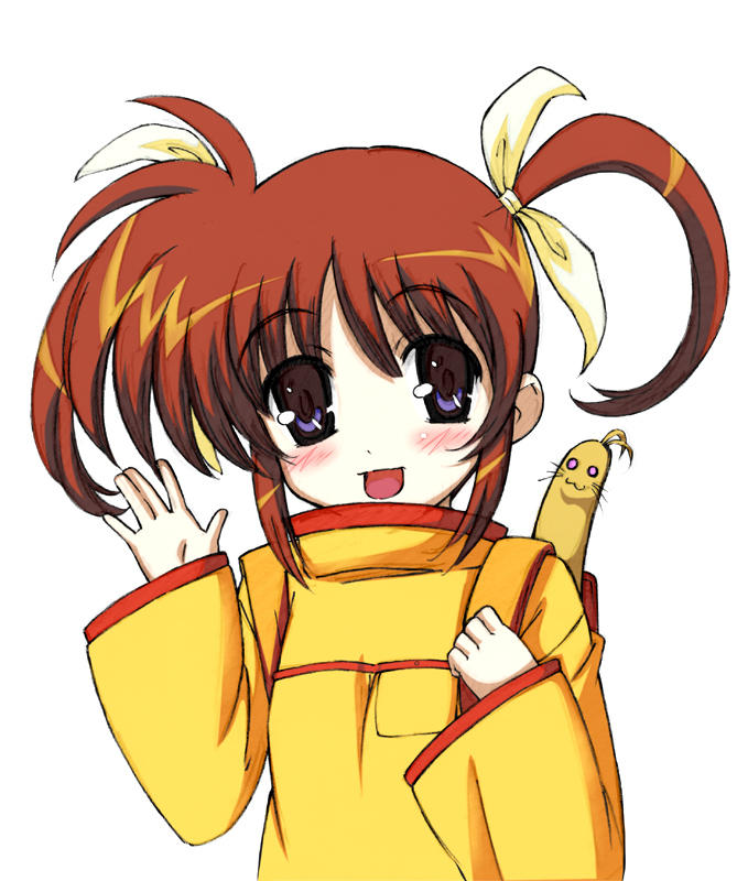 hayakawa harui, takamachi nanoha, yuuno scrya, lyrical nanoha, mahou shoujo lyrical nanoha, 00s, 1boy, 1girl, :d, backpack, bag, breasts, dress, female focus, ferret, long sleeves, open mouth, simple background, small breasts, smile, solo, turtleneck, twintails, waving, white background, yellow dress