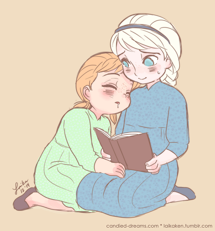 laikaken, anna (frozen), elsa (frozen), frozen (disney), commentary, english commentary, 2girls, aged down, aqua dress, blonde hair, blush, book, braid, dated, dress, drooling, freckles, green dress, holding, holding book, leaning on person, looking at another, multiple girls, orange hair, saliva, seiza, short twintails, siblings, signature, simple background, sisters, sitting, sleeping, smile, twintails