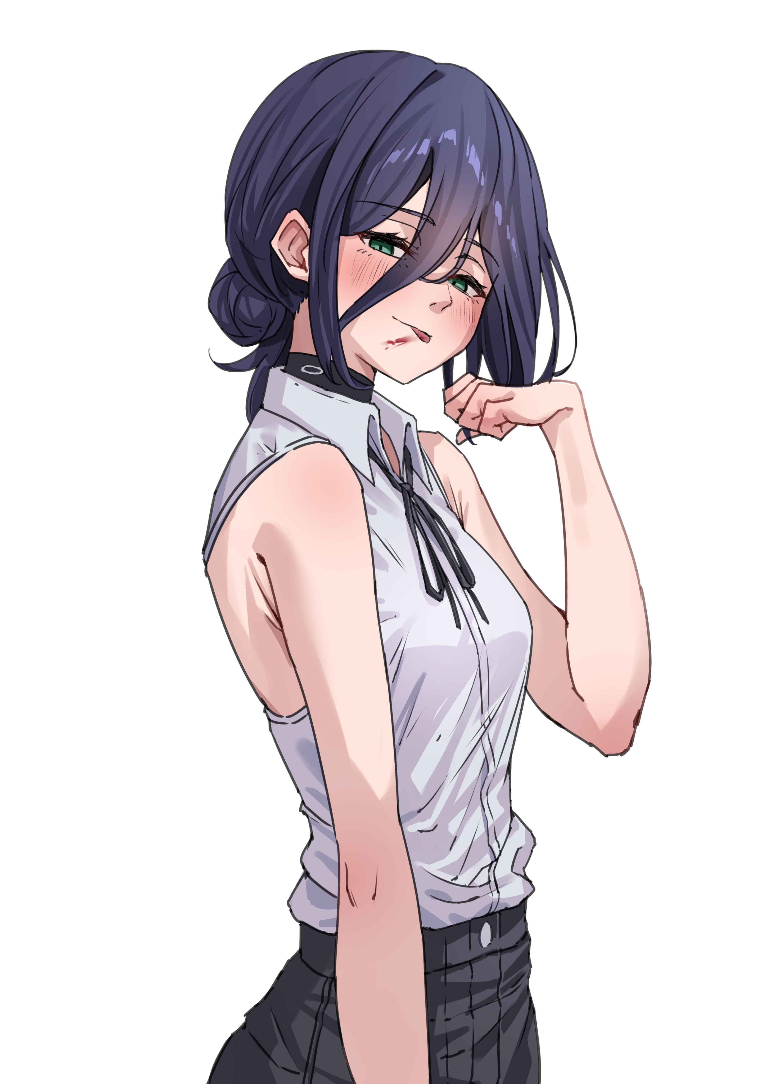 uyufuzi s, reze (chainsaw man), chainsaw man, absurdres, highres, 1girl, black hair, black ribbon, black shorts, blood, blood on face, green eyes, hair between eyes, ribbon, shirt, shirt tucked in, shorts, simple background, sleeveless, sleeveless shirt, solo, white background, white shirt