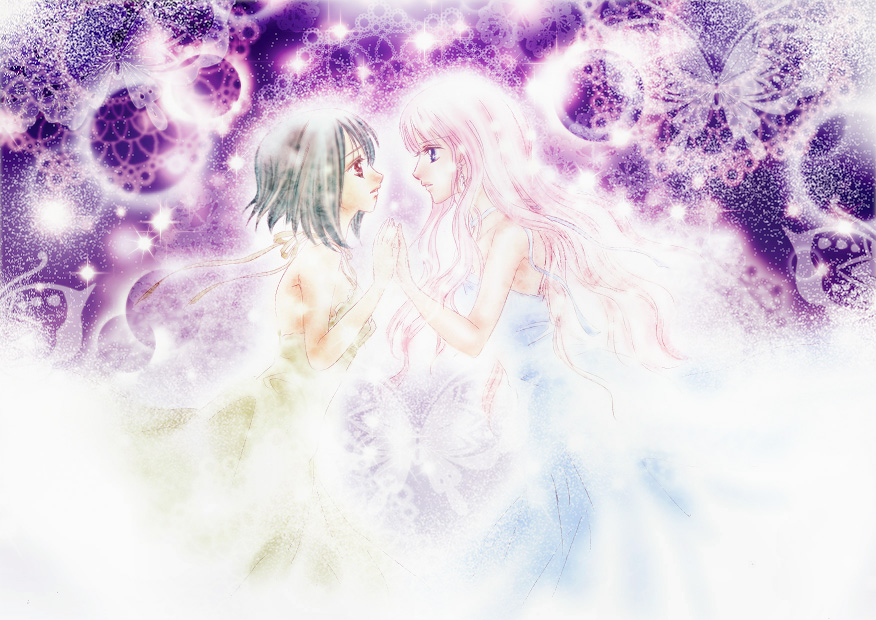 ranka lee, sheryl nome, macross, macross frontier, bad id, bad pixiv id, 00s, 2girls, blonde hair, blue eyes, bug, butterfly, earrings, green hair, jewelry, long hair, multiple girls, red eyes, short hair