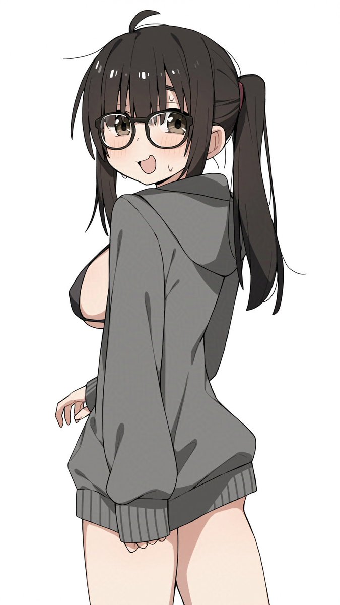 itami sumihito, original, highres, 1girl, bikini, black-framed eyewear, black bikini, blush, breasts, brown eyes, cowboy shot, glasses, hood, hood down, hoodie, long hair, long sleeves, looking at viewer, medium breasts, open mouth, ponytail, sleeves past wrists, smile, solo, swimsuit, white background