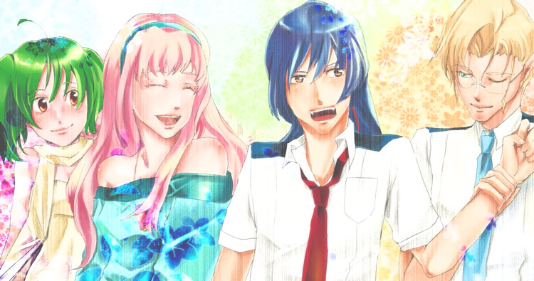 mikhail buran, ranka lee, saotome alto, sheryl nome, macross, macross frontier, 00s, 2boys, 2girls, blonde hair, blue eyes, blue hair, blush, flower, glasses, green hair, long hair, multiple boys, multiple girls, pointy ears, red eyes, short hair, smile