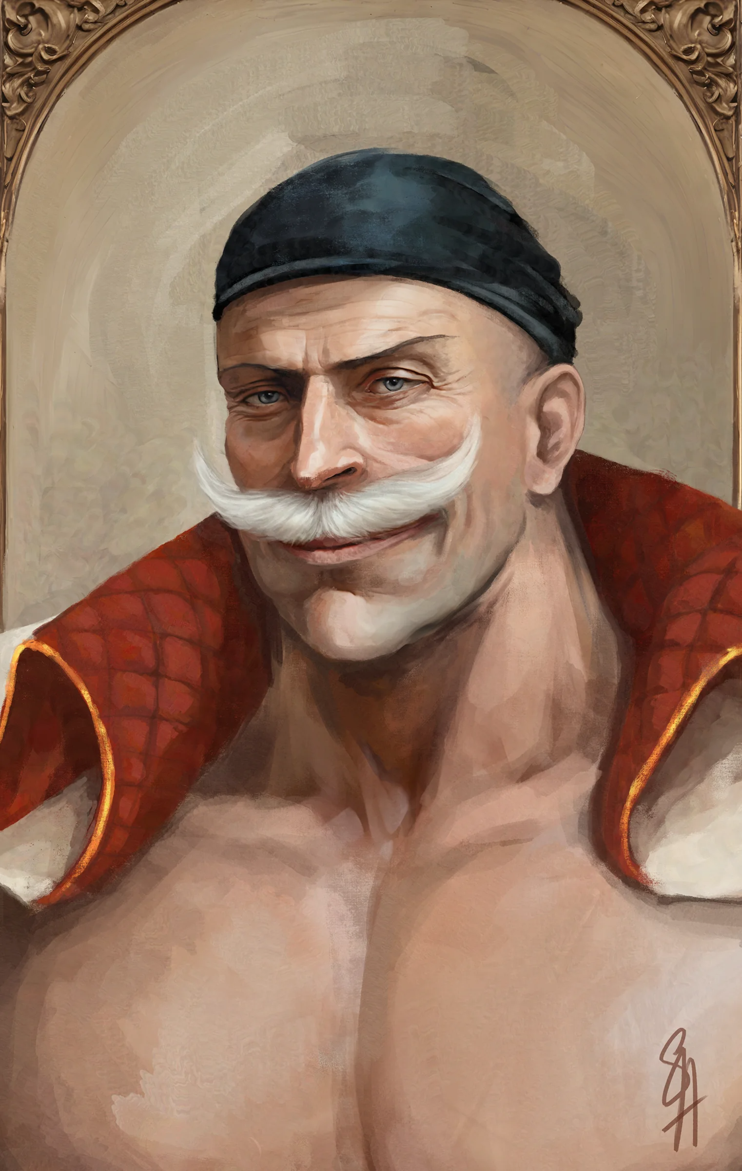 samael-a, edward newgate, one piece, absurdres, highres, 1boy, bandana, black bandana, closed mouth, coat, coat on shoulders, facial hair, grey eyes, looking at viewer, mustache, open clothes, portrait, realistic, signature, smile, solo