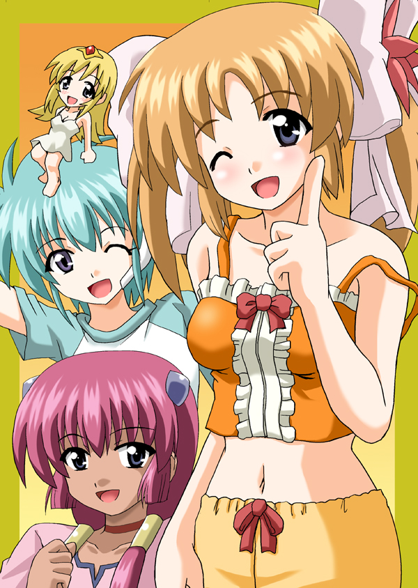anise azeat, apricot sakuraba, kahlua marjoram, nano-nano pudding, broccoli (company), galaxy angel, galaxy angel rune, non-web source, 00s, 4girls, casual, chibi, midriff, multiple girls, navel, pajamas, tiara