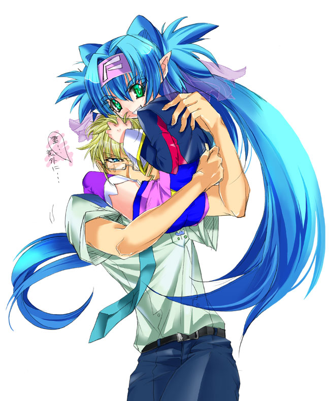 kisou nowora, klan klein, mikhail buran, macross, macross frontier, 00s, blonde hair, blue eyes, blue hair, blush, glasses, green eyes, headband, holding, long hair, pointy ears, twintails
