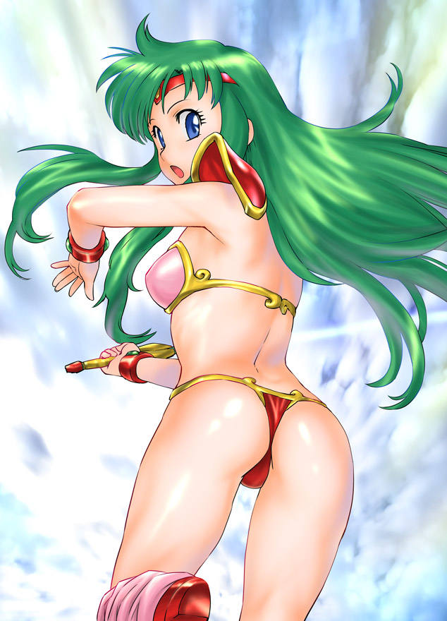 ueyama michirou, ayanokouji rem, dream hunter rem, 1girl, armor, ass, back, bikini armor, blue background, blue eyes, boots, bra, circlet, female focus, from behind, green hair, lingerie, long hair, panties, pink boots, solo, thong, underwear