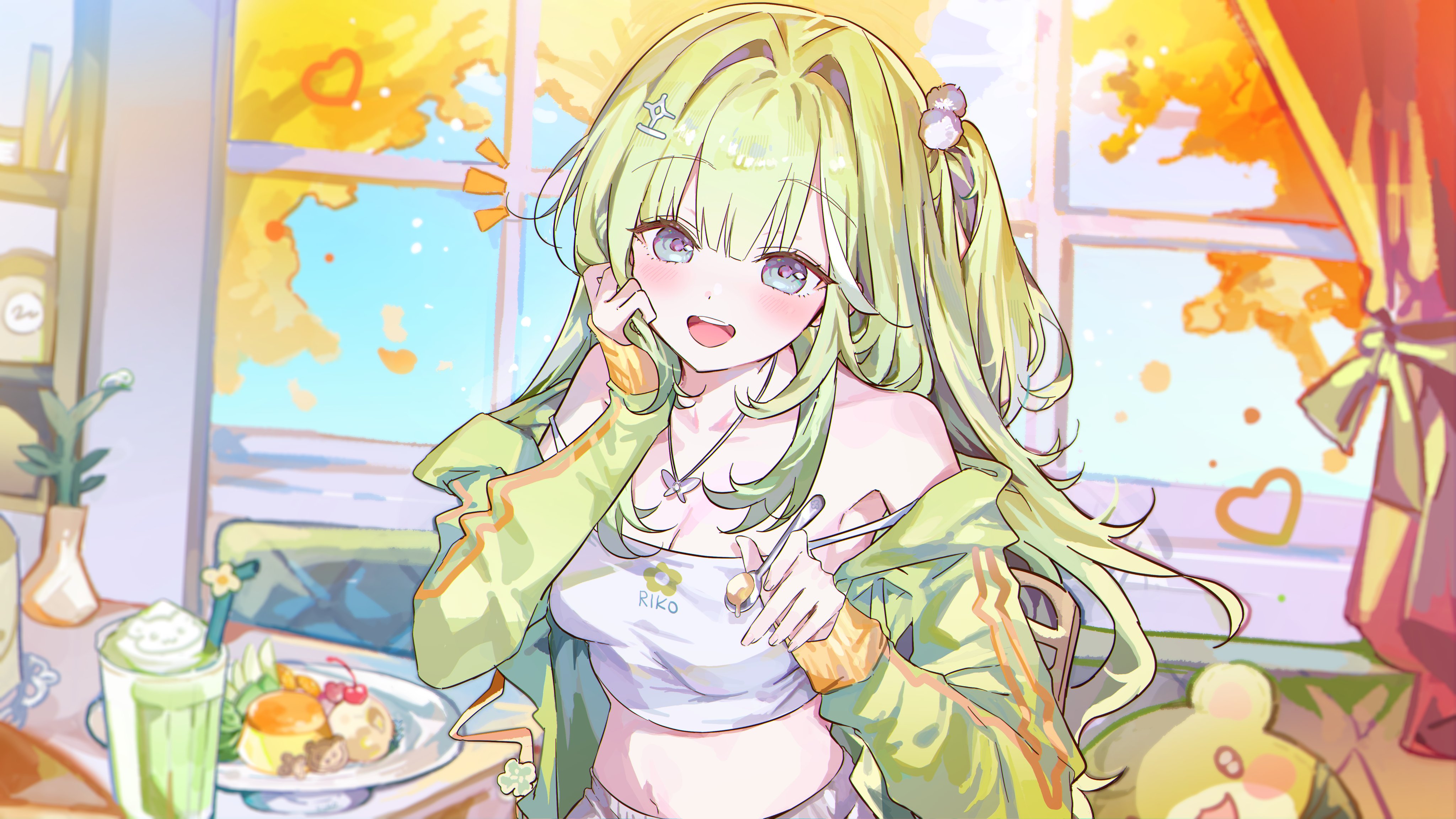 0202ase, yuzuha riko, stellive, absurdres, artist request, commission, highres, second-party source, 1girl, autumn leaves, blush, butterfly necklace, camisole, character name, collarbone, crop top, curtains, day, double strap slip, drink, food, glass, green eyes, green jacket, grey eyes, hair intakes, hair ornament, hair over shoulder, hand in own hair, hands up, holding, holding spoon, indoors, jacket, leaf, long hair, long sleeves, looking at viewer, midriff, navel, notice lines, off shoulder, one side up, open clothes, open jacket, open mouth, plate, pom pom (clothes), pom pom hair ornament, print camisole, smile, solo, spoon, upper body, virtual youtuber, white camisole, window