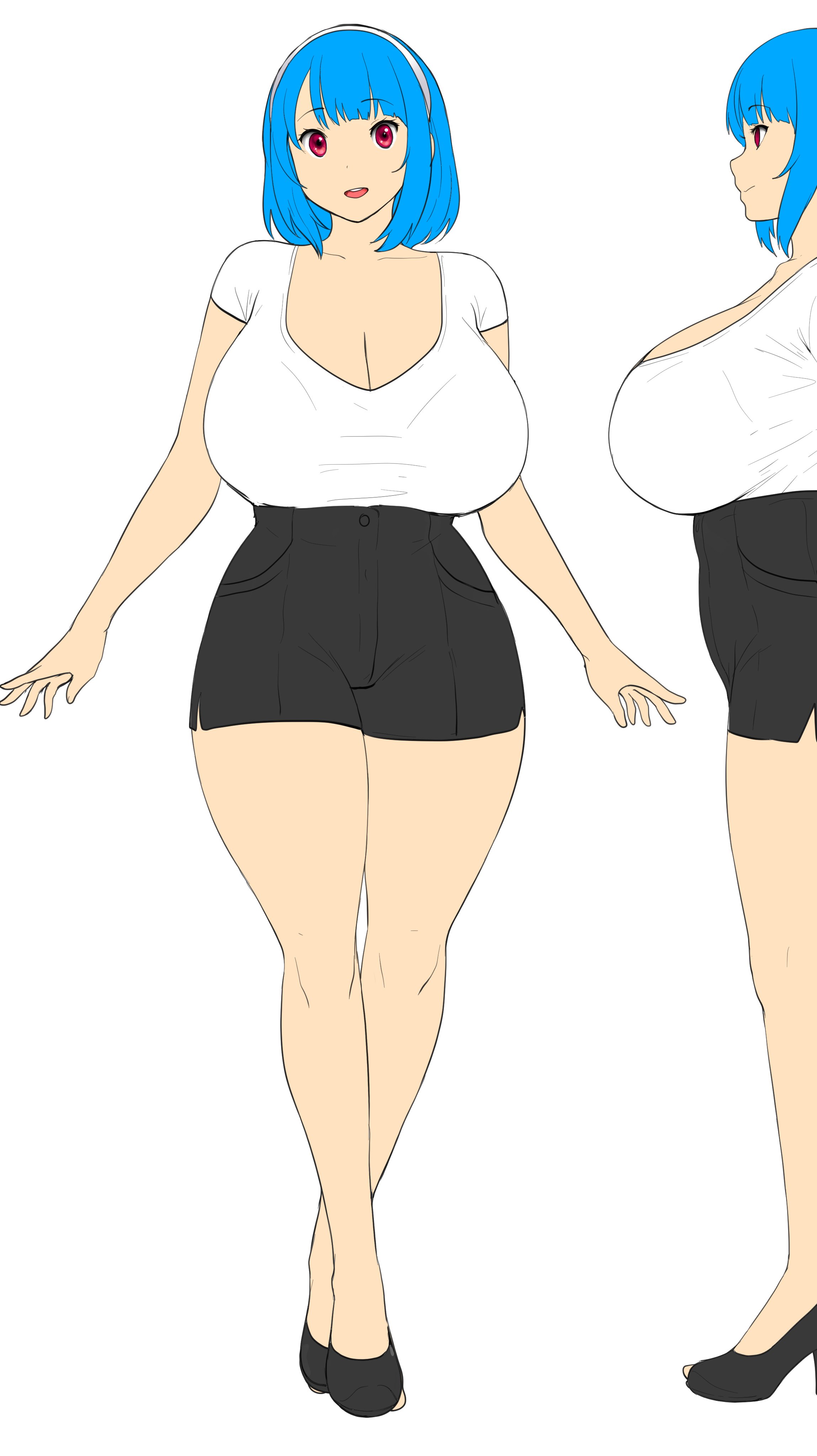 erkaz, rina atherina, absurdres, highres, 1girl, black shoes, black shorts, blue hair, bra, bra visible through clothes, breasts, cleavage, collarbone, from side, full body, hairband, huge breasts, medium hair, multiple persona, open mouth, red eyes, shirt, shoes, short sleeves, shorts, sideboob, simple background, solo, teeth, thighs, underwear, upper teeth only, white shirt, wide hips