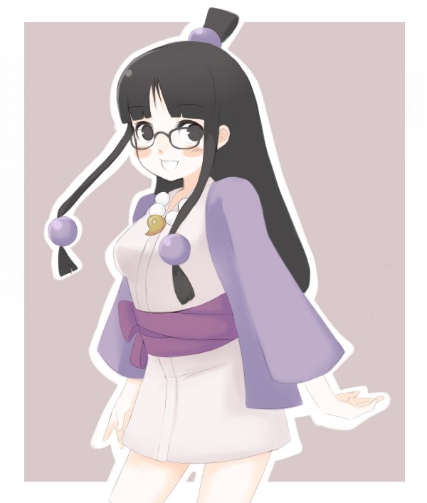 oza watto, maya fey, ace attorney, capcom, bad id, bad pixiv id, 1girl, bespectacled, black eyes, black hair, blush, female focus, glasses, hair ornament, half updo, japanese clothes, long hair, simple background, smile, solo, sphere hair ornament