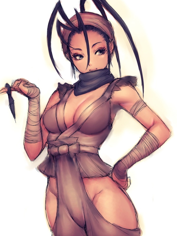 fumio (rsqkr), ibuki (street fighter), capcom, street fighter, street fighter iii (series), 1girl, black hair, breasts, clothing cutout, female focus, hair slicked back, hip vent, kunai, large breasts, ninja, scarf, solo, weapon