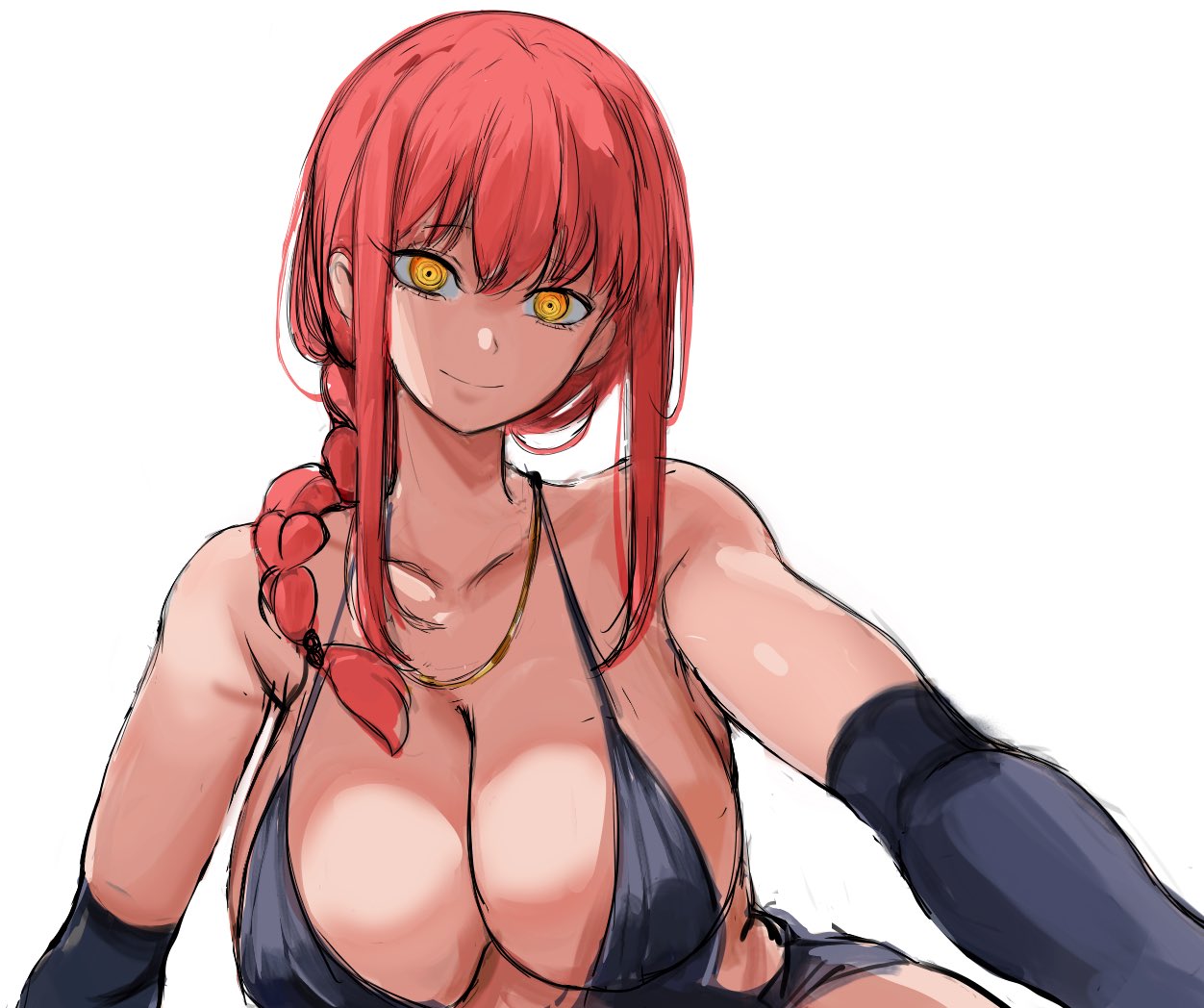 rakeemspoon, makima (chainsaw man), chainsaw man, 1girl, bare shoulders, black dress, black gloves, braid, braided ponytail, breasts, cleavage, closed mouth, dress, elbow gloves, gloves, large breasts, long hair, looking at viewer, medium breasts, medium hair, red hair, ringed eyes, sidelocks, simple background, smile, solo, white background, yellow eyes