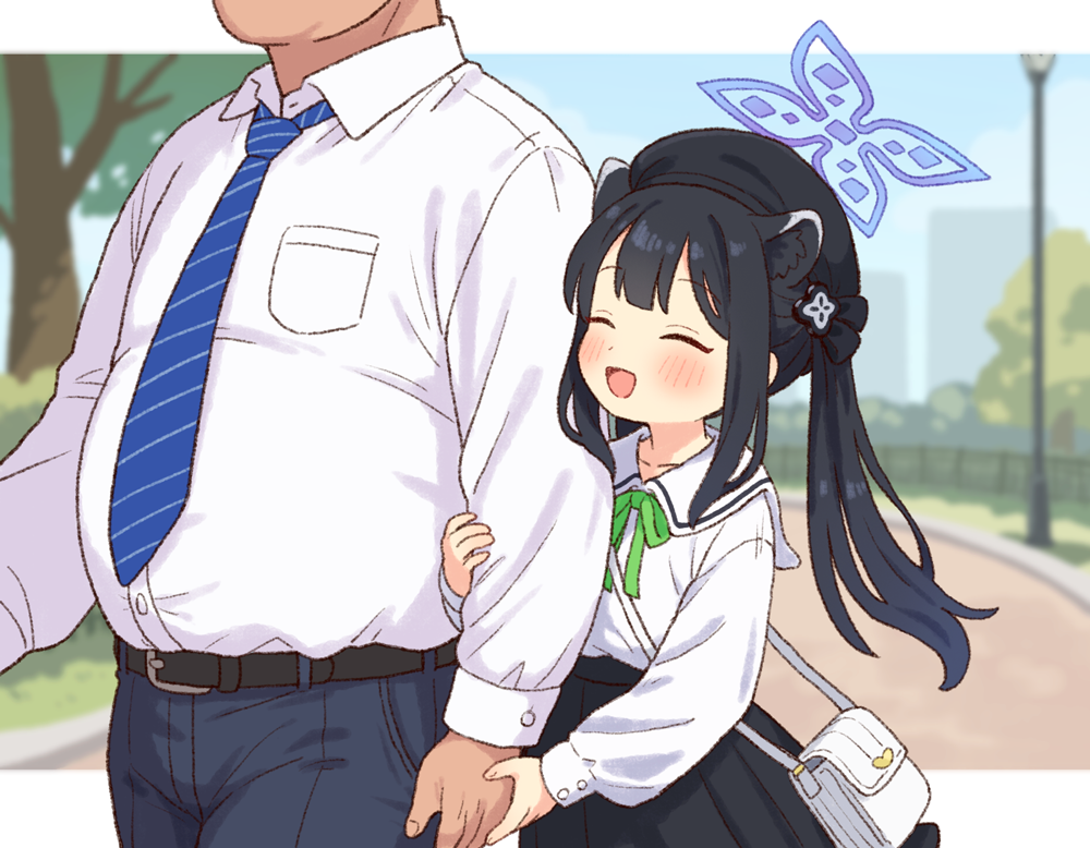 onyhakase, shun (blue archive), shun (small) (blue archive), blue archive, commentary request, 1boy, 1girl, animal ears, bag, black hair, closed eyes, halo, long hair, long sleeves, necktie, shirt, skirt, smile, twintails, white shirt