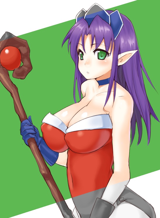 nagase haruhito, angela (seiken densetsu 3), seiken densetsu, seiken densetsu 3, square enix, 1girl, bare shoulders, breasts, female focus, gloves, green eyes, huge breasts, leotard, long hair, pointy ears, purple hair, red leotard, solo