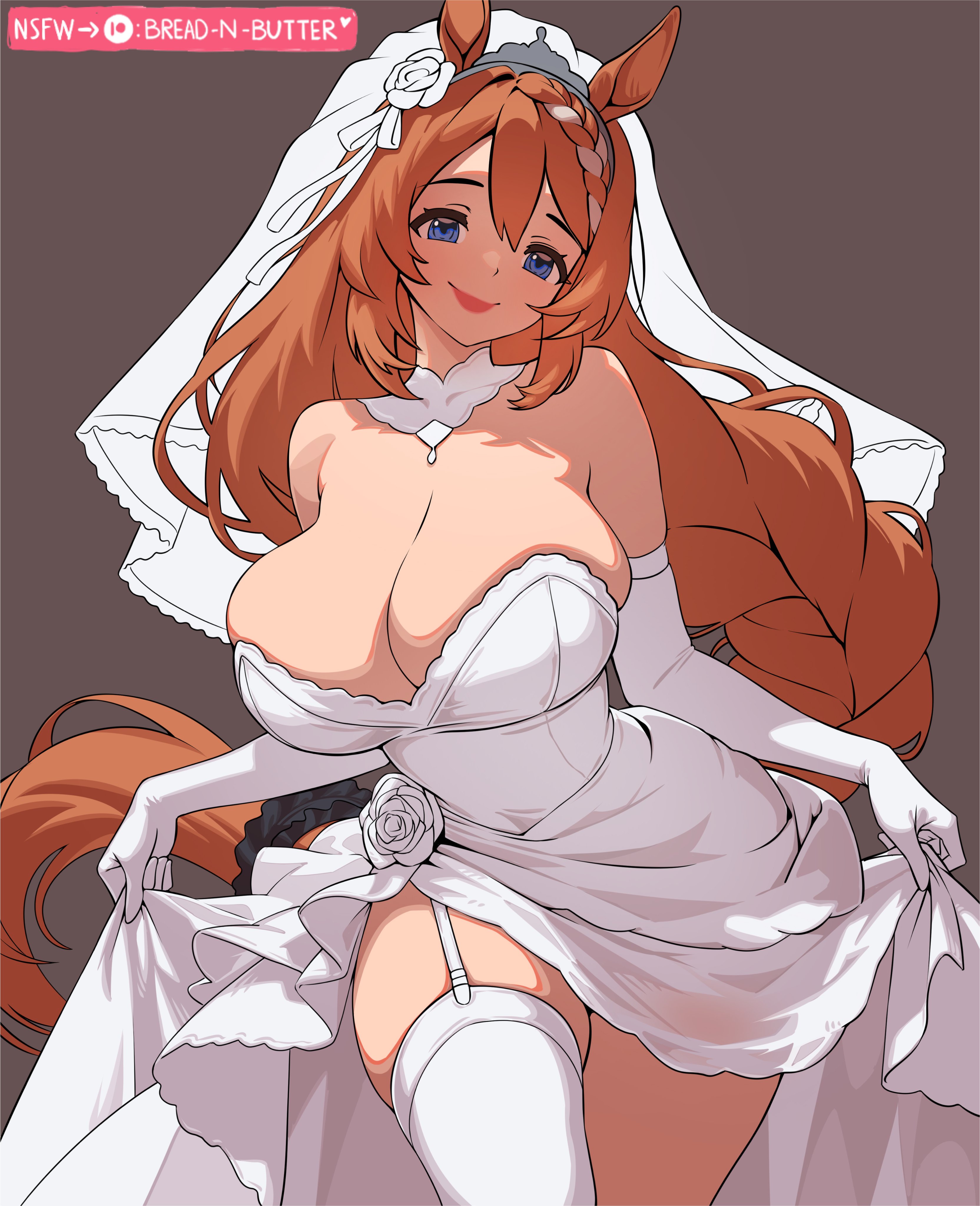 bread-n-butter, super creek (umamusume), umamusume, absurdres, commentary, english commentary, highres, 1girl, alternate costume, animal ears, bare shoulders, blue eyes, braid, braided ponytail, breasts, bridal veil, bride, brown hair, cleavage, closed mouth, detached collar, dress, elbow gloves, flower, garter straps, gloves, hair between eyes, horse ears, horse girl, horse tail, large breasts, long hair, looking at viewer, multicolored hair, off-shoulder dress, off shoulder, simple background, smile, solo, streaked hair, tail, tail ornament, thighhighs, tiara, veil, very long hair, wedding dress, white dress, white gloves, white hair, white thighhighs, white veil