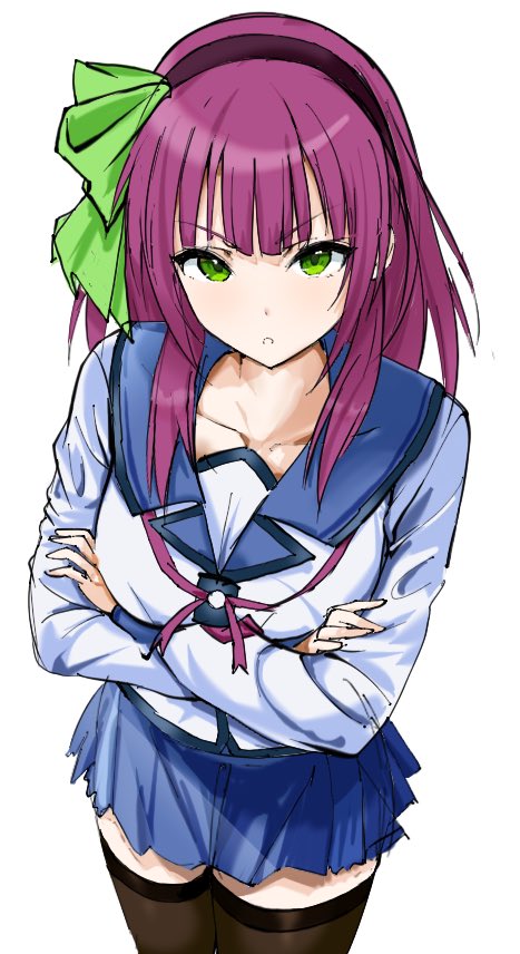 zenoo, nakamura yuri, angel beats!, commentary request, 1girl, black thighhighs, blue skirt, closed mouth, collarbone, cowboy shot, crossed arms, green eyes, green ribbon, hair ribbon, hairband, long sleeves, looking at viewer, medium hair, neck ribbon, pink ribbon, purple hair, purple hairband, ribbon, school uniform, shinda sekai sensen uniform, shirt, simple background, skirt, solo, thighhighs, white background, white shirt