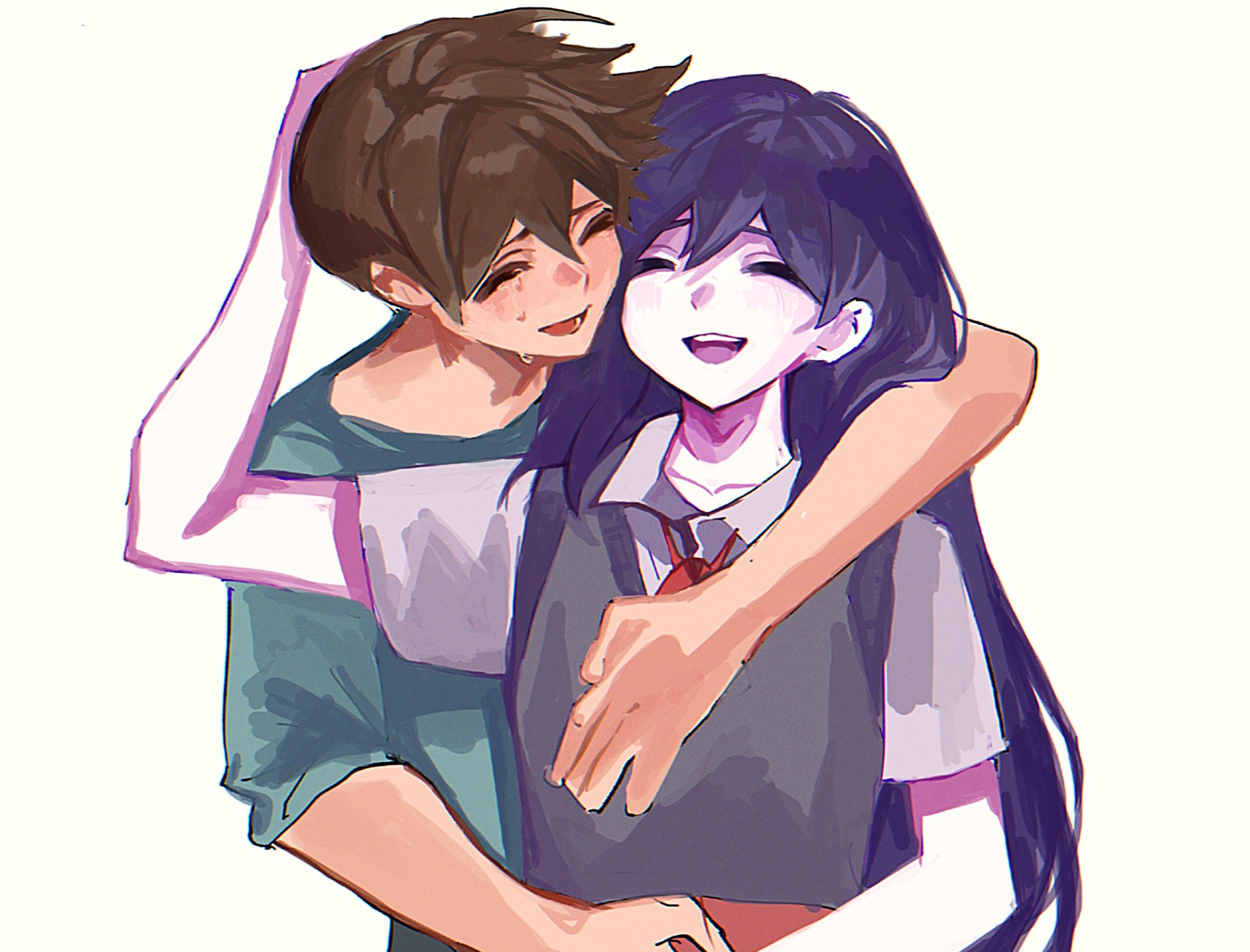 tokkooyaku, hero (faraway) (omori), hero (omori), mari (headspace) (omori), mari (omori), omori, hashtag-only commentary, highres, 1boy, 1girl, :d, ^ ^, aqua shirt, arm around shoulder, brown hair, chromatic aberration, closed eyes, collared shirt, colored skin, crying, double-parted bangs, facing another, grey sweater vest, hair between eyes, hand on another's chest, hand on another's head, long hair, lower teeth only, neck ribbon, open mouth, purple hair, raised inner eyebrows, red ribbon, ribbon, shirt, short hair, short sleeves, simple background, smile, straight hair, sweater vest, teeth, tongue, upper body, upper teeth only, very long hair, very short hair, white background, white shirt, white skin