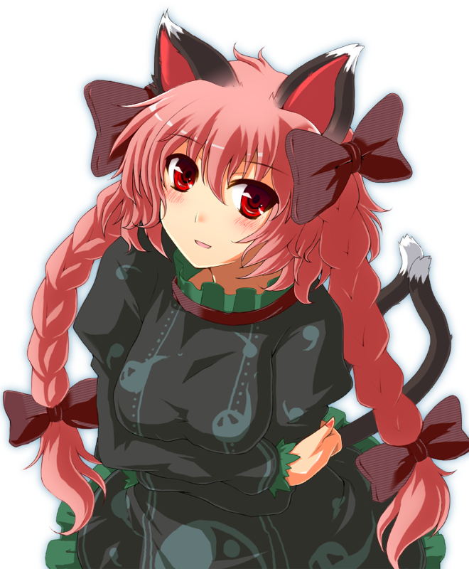 nejime, kaenbyou rin, touhou, bad id, bad pixiv id, 1girl, animal ears, braid, cat ears, cat girl, cat tail, female focus, gradient background, red hair, ribbon, solo, standing, tail, twin braids, twintails, white background