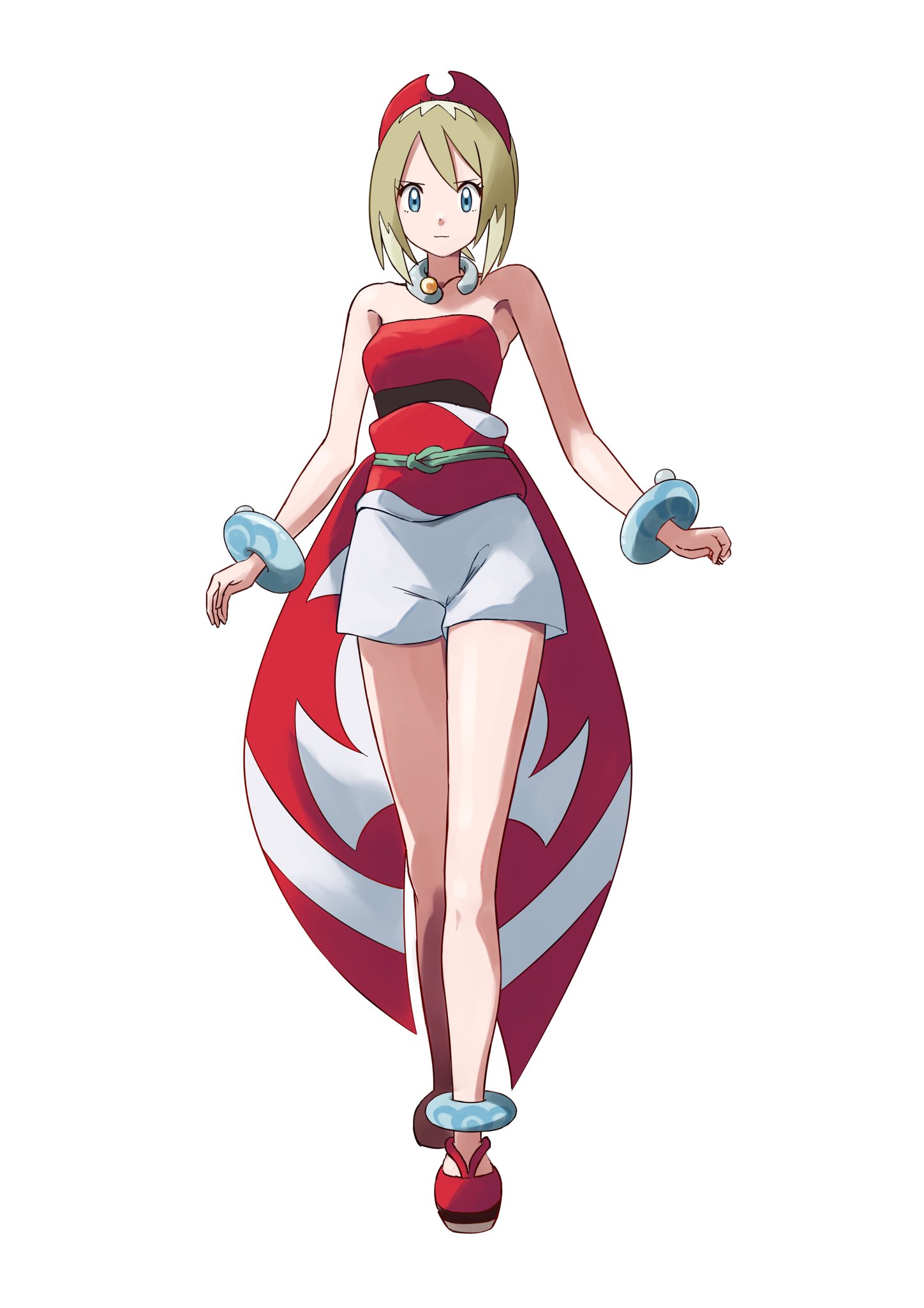 mikan (mikan no happa), irida (pokemon), nintendo, pokemon, pokemon legends: arceus, highres, 1girl, ankle ring, blonde hair, blue eyes, bracelet, breasts, closed mouth, full body, hair between eyes, hairband, jewelry, looking at viewer, neck ring, red hairband, red shirt, sash, shirt, shoes, short hair, shorts, simple background, solo, strapless, strapless shirt, waist cape, white background, white shorts