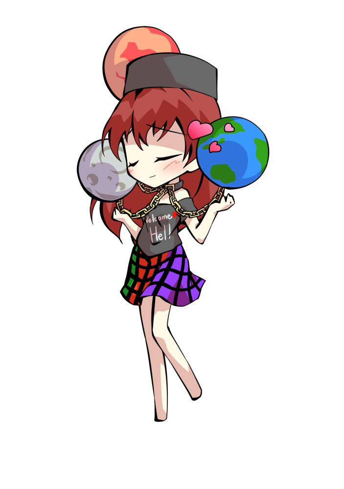 dairi, hecatia lapislazuli, touhou, commentary request, large variant set, variant set, 1girl, bare shoulders, barefoot, chain, chibi, chibi only, clothes writing, collar, earth (planet), english text, full body, hat, long hair, moon, multicolored skirt, off shoulder, orb, planet, red hair, shirt, short sleeves, skirt, solo, t-shirt, tachi-e, transparent background