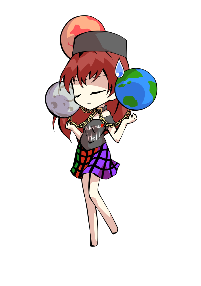 dairi, hecatia lapislazuli, touhou, commentary request, large variant set, variant set, 1girl, bare shoulders, barefoot, chain, chibi, chibi only, clothes writing, collar, earth (planet), english text, full body, hat, long hair, moon, multicolored skirt, off shoulder, orb, planet, red hair, shirt, short sleeves, skirt, solo, t-shirt, tachi-e, transparent background