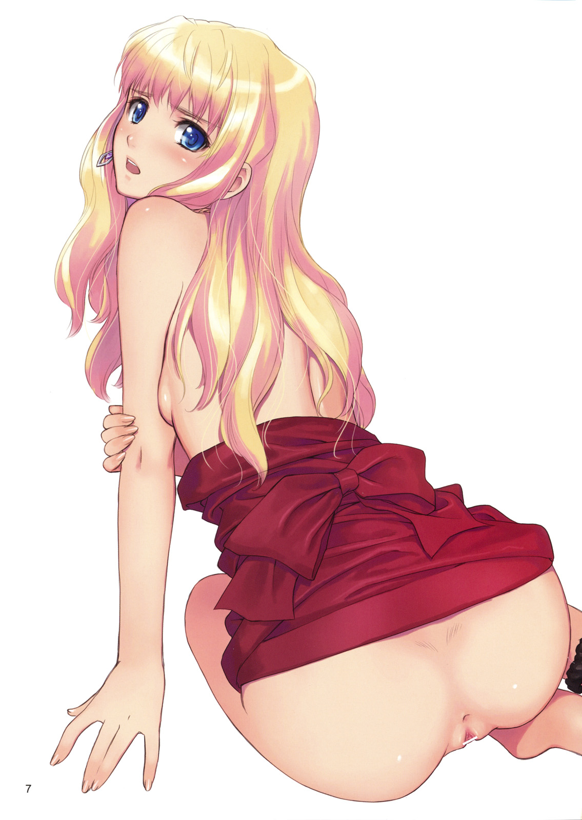 tony taka, sheryl nome, macross, macross frontier, open m/, highres, 00s, 1girl, anus, ass, back, blonde hair, blue eyes, blush, censored, clothes lift, clothes pull, dress, dress lift, dress pull, female focus, long hair, pinup (style), pussy, sitting, solo