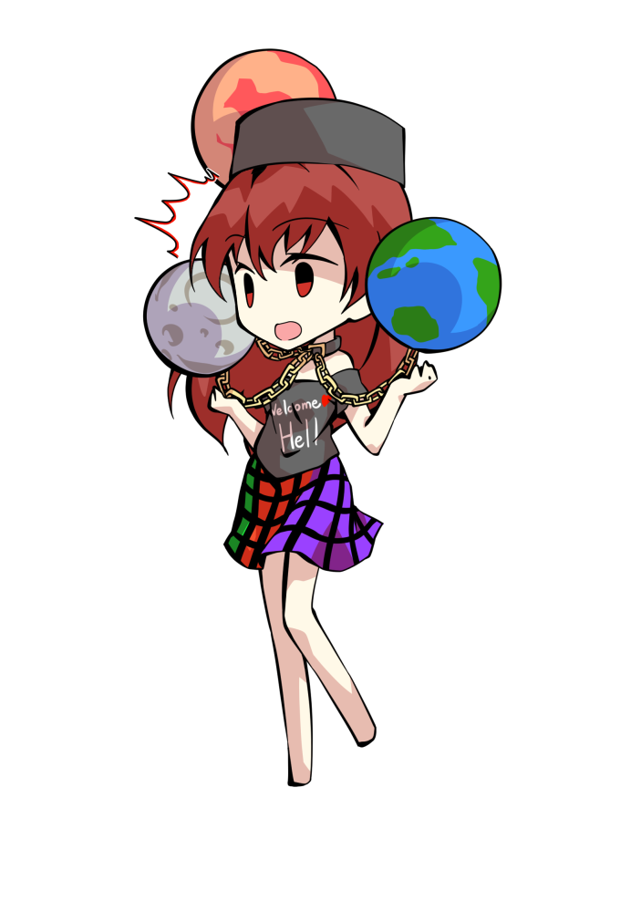 dairi, hecatia lapislazuli, touhou, commentary request, large variant set, variant set, 1girl, bare shoulders, barefoot, chain, chibi, chibi only, clothes writing, collar, earth (planet), english text, full body, hat, long hair, moon, multicolored skirt, off shoulder, orb, planet, red hair, shirt, short sleeves, skirt, solo, t-shirt, tachi-e, transparent background
