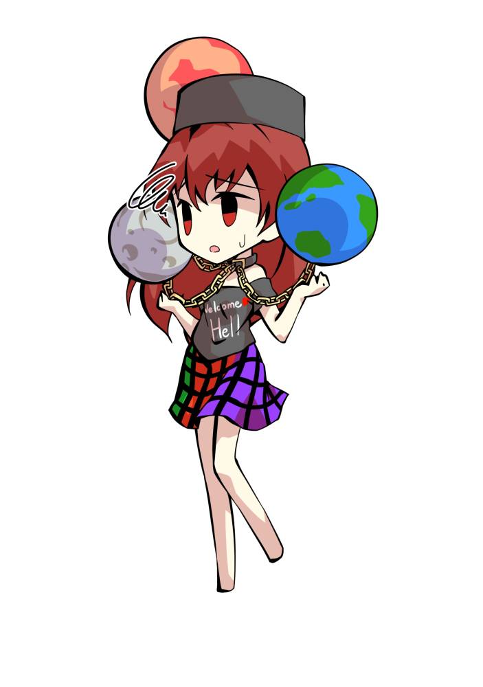 dairi, hecatia lapislazuli, touhou, commentary request, large variant set, variant set, 1girl, bare shoulders, barefoot, chain, chibi, chibi only, clothes writing, collar, earth (planet), english text, full body, hat, long hair, moon, multicolored skirt, off shoulder, orb, planet, red hair, shirt, short sleeves, skirt, solo, t-shirt, tachi-e, transparent background
