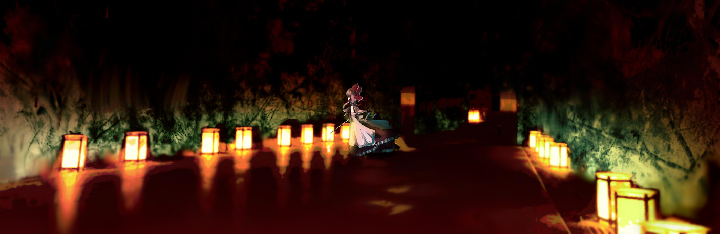 yoshioka yoshiko, hakurei reimu, touhou, light, long image, wide image, 1girl, female focus, lantern, paper lantern, solo, water