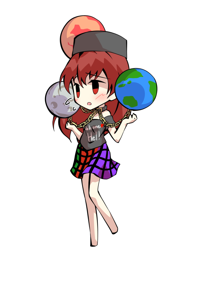 dairi, hecatia lapislazuli, touhou, commentary request, large variant set, variant set, 1girl, bare shoulders, barefoot, chain, chibi, chibi only, clothes writing, collar, earth (planet), english text, full body, hat, long hair, moon, multicolored skirt, off shoulder, orb, planet, red hair, shirt, short sleeves, skirt, solo, t-shirt, tachi-e, transparent background