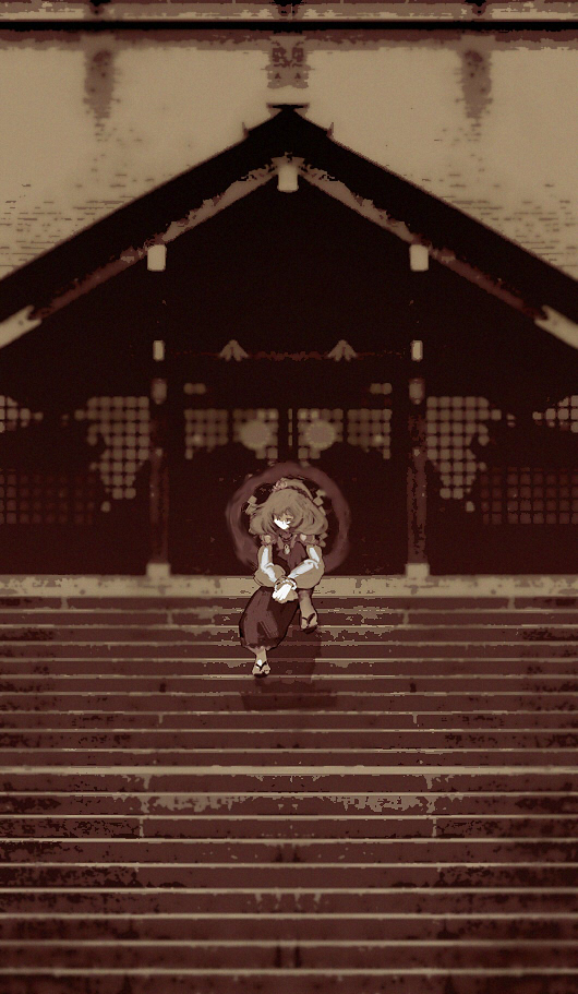 yoshioka yoshiko, yasaka kanako, touhou, 1girl, female focus, monochrome, sepia, shrine, sitting, sitting on stairs, solo, stairs