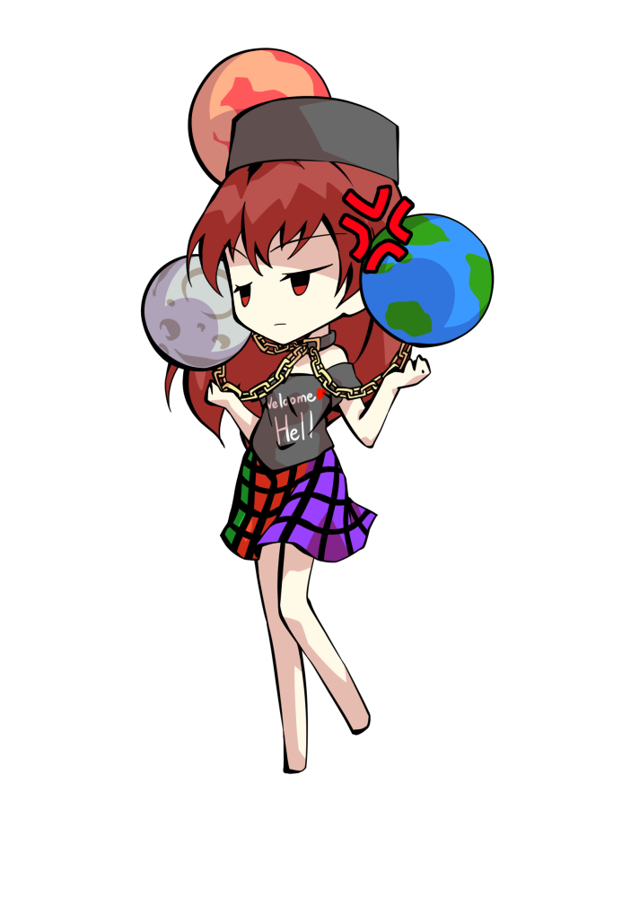 dairi, hecatia lapislazuli, touhou, commentary request, large variant set, variant set, 1girl, bare shoulders, barefoot, chain, chibi, chibi only, clothes writing, collar, earth (planet), english text, full body, hat, long hair, moon, multicolored skirt, off shoulder, orb, planet, red hair, shirt, short sleeves, skirt, solo, t-shirt, tachi-e, transparent background