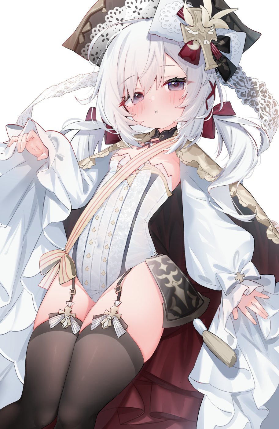 eip (pepai), flandre (azur lane), azur lane, highres, 1girl, black thighhighs, blush, eyelashes, flat chest, garter straps, hair between eyes, hair ribbon, hat, leotard, long hair, long sleeves, looking at viewer, low twintails, parted lips, red ribbon, ribbon, simple background, solo, tassel, thighhighs, twintails, white background, white hair, white leotard, wide sleeves