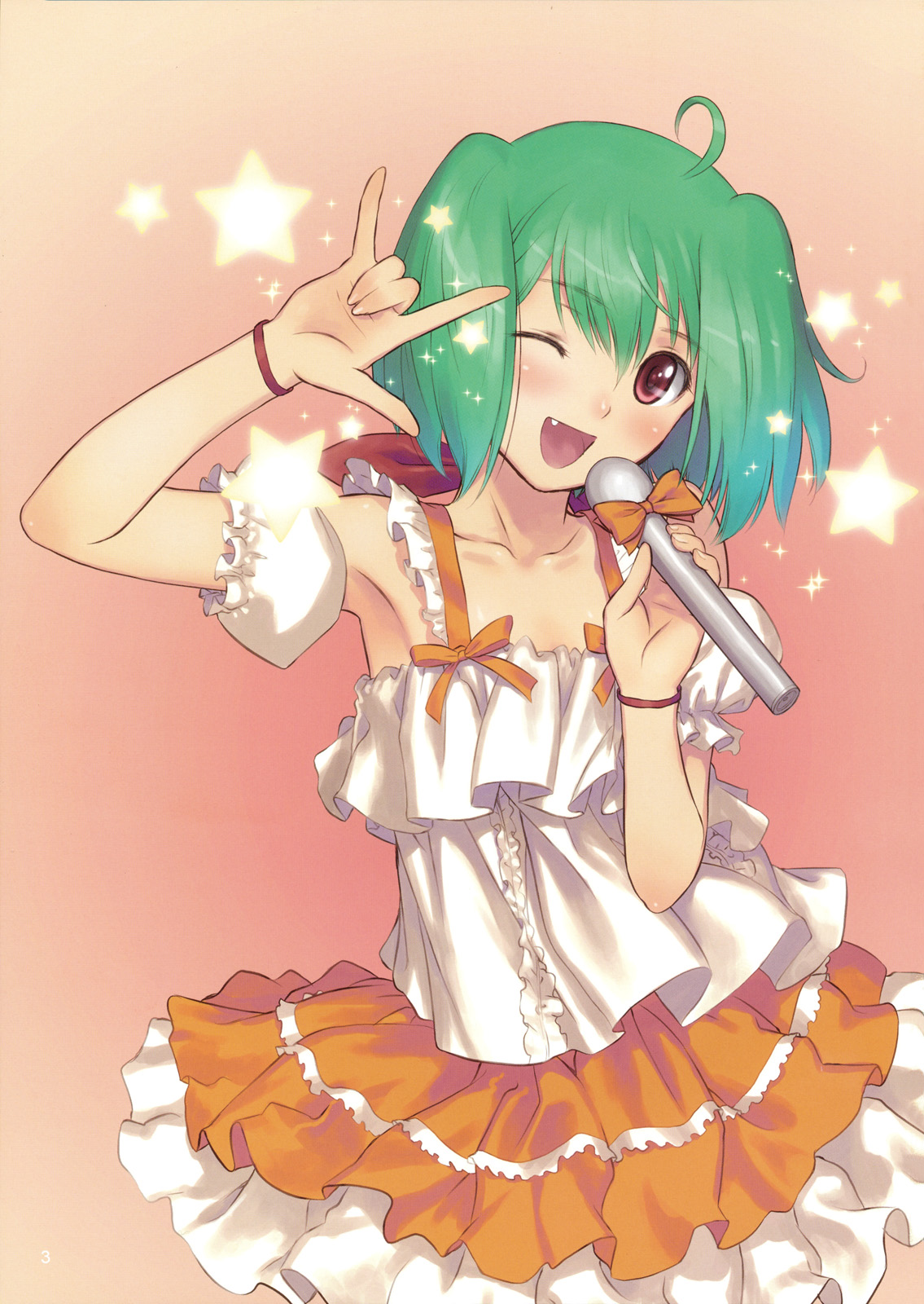 tony taka, ranka lee, macross, macross frontier, highres, 00s, 1girl, blush, dress, fang, female focus, frills, green hair, m/, microphone, one eye closed, orange skirt, red eyes, seikan hikou, short hair, skirt, solo, sparkle, star (symbol), wink