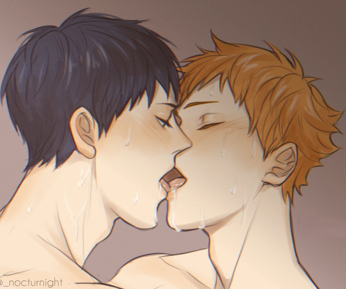 hinata shouyou, kageyama tobio, haikyuu!!, highres, 2boys, adam's apple, black hair, blush, closed eyes, french kiss, kiss, male focus, multiple boys, nocturnight, nude, orange hair, saliva, short hair, sweat, tongue, twitter username, yaoi