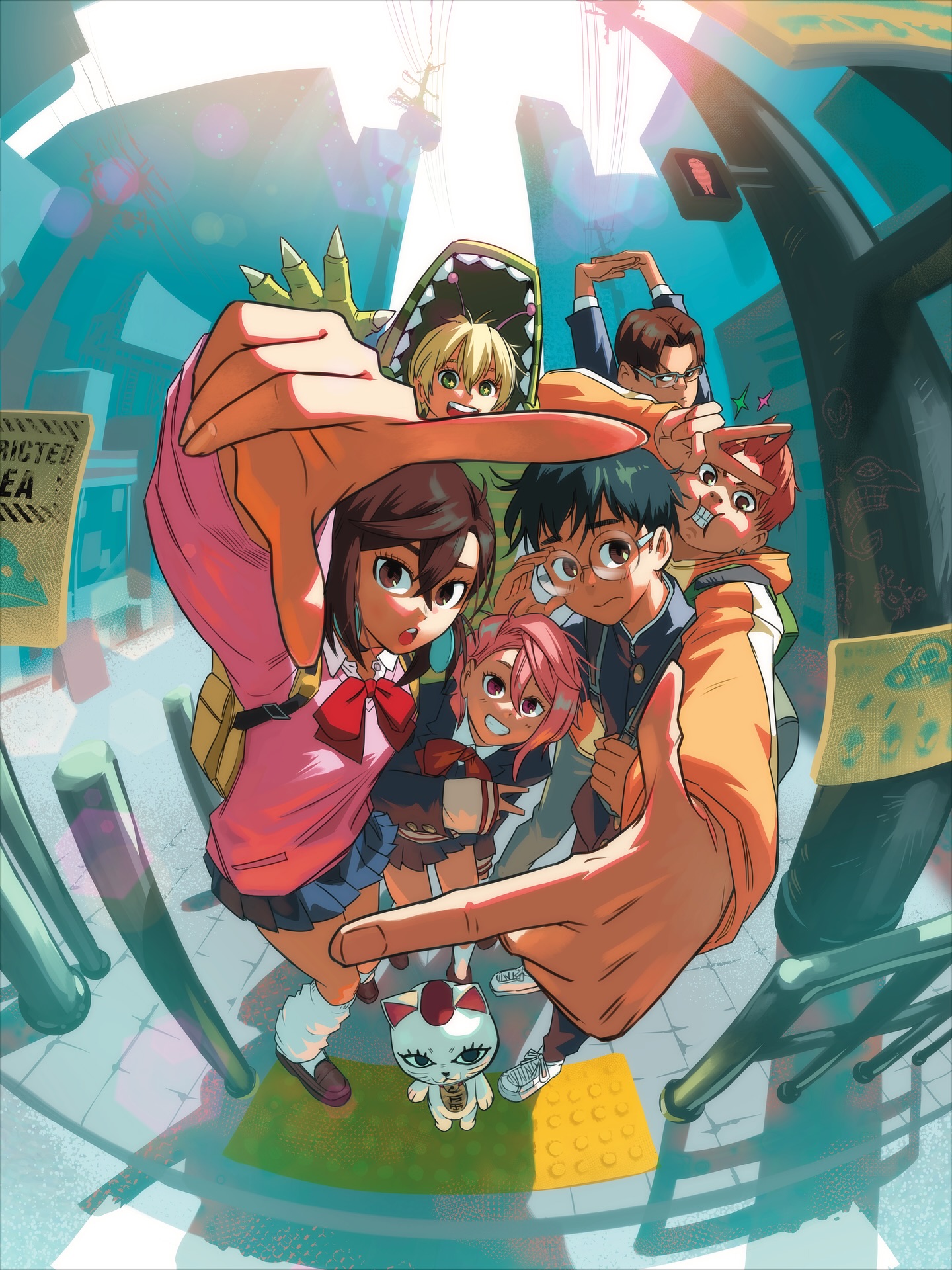 tony valente, ayase momo, enjoji jin, sakata kinta, takakura ken (dandadan), turbo granny (dandadan), vamola (dandadan), dandadan, commentary, english commentary, highres, official art, 3boys, 3girls, adjusting eyewear, animal hood, antennae, arms up, backpack, bag, bent over, black hair, black jacket, black pants, blonde hair, blue jacket, blue skirt, bob cut, bodysuit, bollard, bow, bowtie, brown eyes, brown hair, brown shoes, city, cover image, crossed bangs, crosswalk, dinosaur costume, english text, everyone, eyelashes, finger frame, finger frame duo, fisheye, foreshortening, gakuran, glasses, graffiti, green bag, green bodysuit, green eyes, grin, hair between eyes, hood, hood up, jacket, kami high school uniform, leaning forward, loafers, loose socks, medium hair, multiple boys, multiple girls, open mouth, orange jacket, outdoors, over-rim eyewear, pants, parted bangs, parted lips, pendant earring, pink eyes, pink sweater, pleated skirt, power lines, rectangular eyewear, red bow, red bowtie, red hair, round eyewear, school uniform, semi-rimless eyewear, shoes, short hair, sidewalk, sign, single vertical stripe, skirt, sleeves past wrists, smile, sneakers, socks, sparkle, standing, stretching, sweater, tactile paving, teeth, traffic light, upper teeth only, utility pole, v, very long sleeves, white shoes, yellow bag
