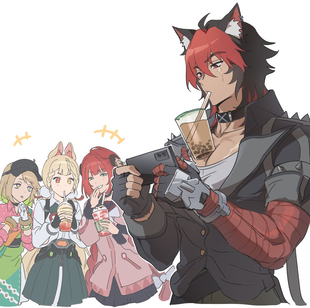 angduuuu (ghost), alice thymefield, coco (zenless zone zero), komano manato, ukinami yuzuha, zenless zone zero, commentary request, korean commentary, +++, 1boy, 3girls, animal ear fluff, animal ears, apron, bandages, black gloves, black hair, black hat, blonde hair, braid, brown hair, bubble tea, bubble tea challenge, cardigan, cellphone, cup, drinking straw, drinking straw in mouth, fingerless gloves, gloves, green eyes, hat, heterochromia, holding, holding cup, holding phone, long hair, multicolored hair, multiple girls, pectorals, phone, red eyes, red hair, scar, scar across eye, scar on face, shirt, simple background, skirt, twin braids, visor cap, white background, yellow eyes