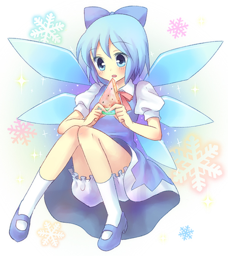 kuguri oimo, cirno, embodiment of scarlet devil, touhou, bad id, bad pixiv id, 1girl, bloomers, blue hair, dress, female focus, food, fruit, full body, gradient background, mary janes, ribbon, shoes, short hair, snow, socks, solo, underwear, watermelon, white background, white bloomers, wings