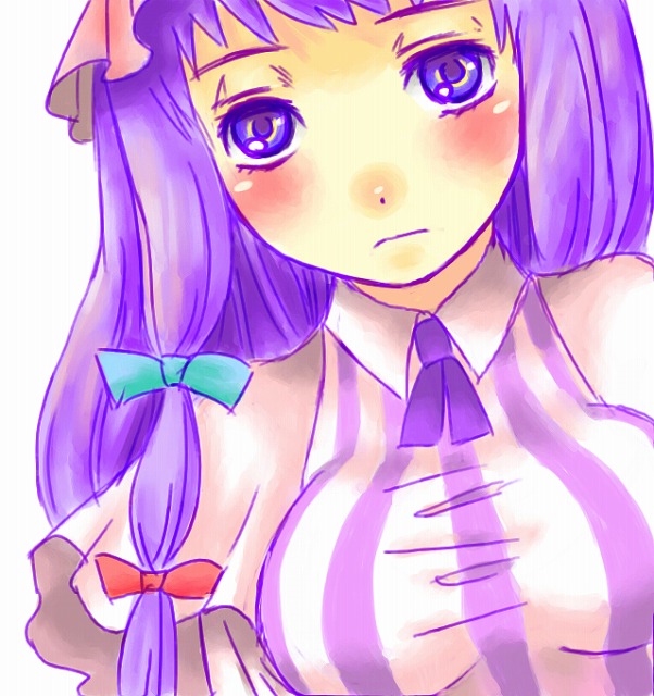 takanashi minato, patchouli knowledge, touhou, 1girl, blue bow, blunt bangs, blush, bow, breasts, collar, female focus, hair bow, looking at viewer, multi-tied hair, purple eyes, purple hair, red bow, simple background, solo, white background