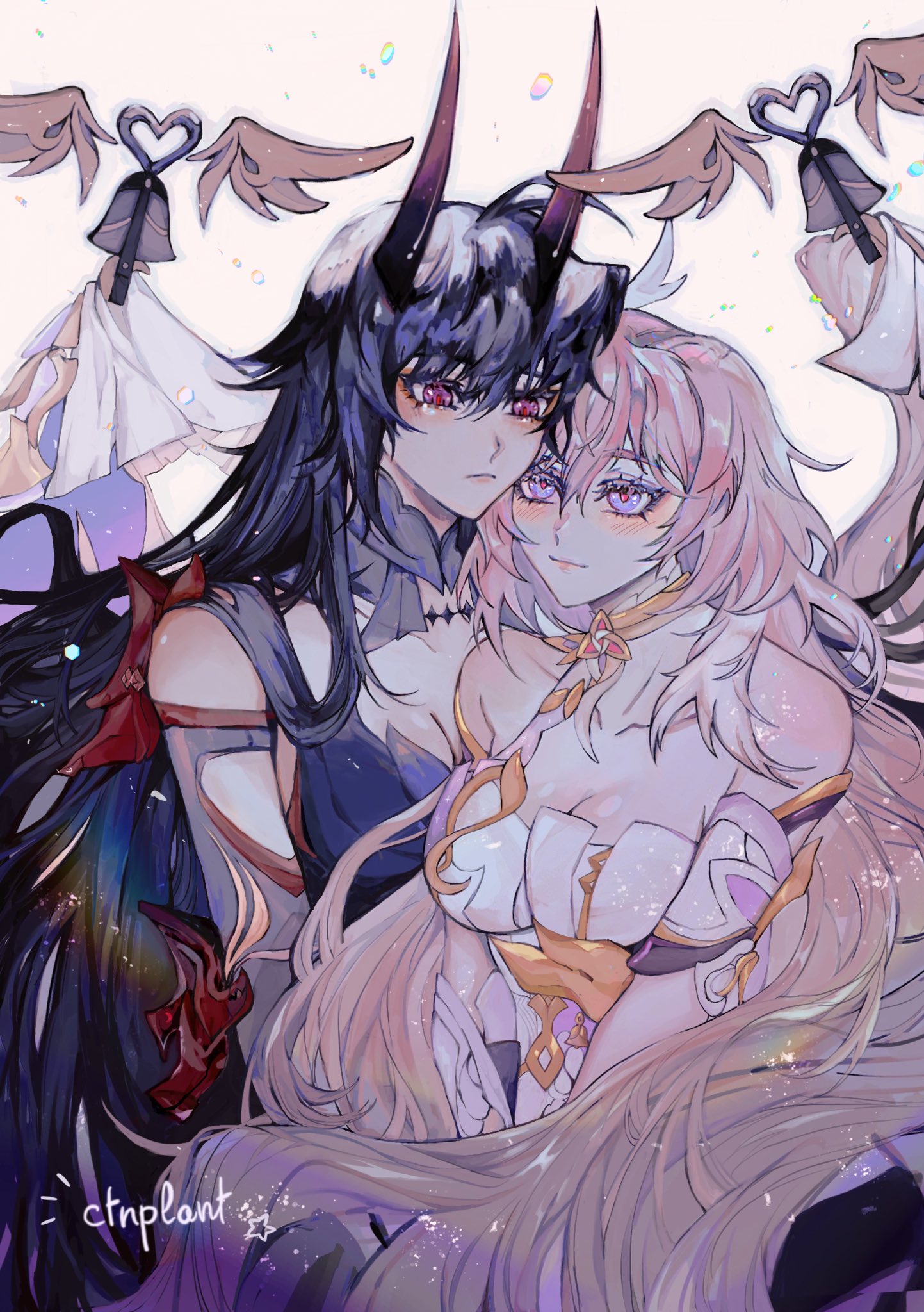 ctnplant, elysia (herrscher of human: ego) (honkai impact), elysia (honkai impact), raiden mei, raiden mei (herrscher of thunder), honkai (series), honkai impact 3rd, commentary, english commentary, highres, 2girls, artist name, bare shoulders, bell, black dress, breasts, cleavage, corset, couple, dress, horns, large breasts, long hair, multicolored hair, multiple girls, pink hair, purple eyes, purple hair, simple background, triquetra, two-tone hair, very long hair, white background, white corset, white hair, yuri