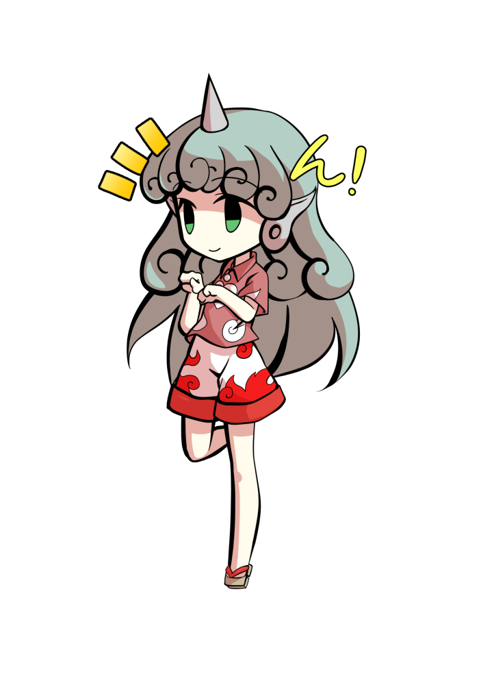 dairi, komano aunn, touhou, commentary request, large variant set, variant set, 1girl, aqua hair, bare arms, barefoot, buttons, chibi, chibi only, cloud print, collared shirt, curly hair, full body, geta, horns, kariyushi shirt, long hair, paw pose, pink shirt, shirt, short sleeves, shorts, single horn, solo, standing, standing on one leg, tachi-e, transparent background