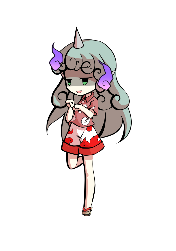 dairi, komano aunn, touhou, commentary request, large variant set, variant set, 1girl, aqua hair, bare arms, barefoot, buttons, chibi, chibi only, cloud print, collared shirt, curly hair, full body, geta, horns, kariyushi shirt, long hair, paw pose, pink shirt, shirt, short sleeves, shorts, single horn, solo, standing, standing on one leg, tachi-e, transparent background