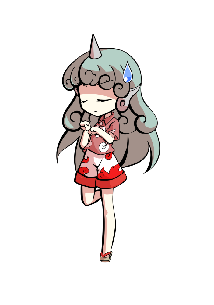 dairi, komano aunn, touhou, commentary request, large variant set, variant set, 1girl, aqua hair, bare arms, barefoot, buttons, chibi, chibi only, cloud print, collared shirt, curly hair, full body, geta, horns, kariyushi shirt, long hair, paw pose, pink shirt, shirt, short sleeves, shorts, single horn, solo, standing, standing on one leg, tachi-e, transparent background