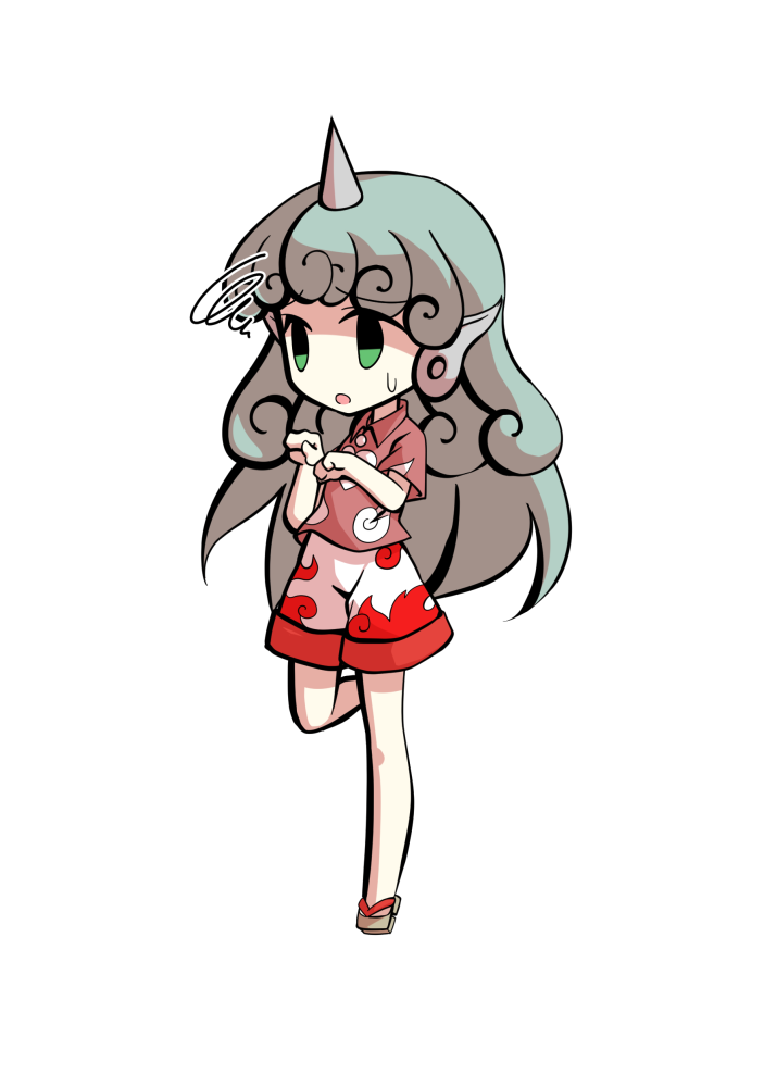 dairi, komano aunn, touhou, commentary request, large variant set, variant set, 1girl, aqua hair, bare arms, barefoot, buttons, chibi, chibi only, cloud print, collared shirt, curly hair, full body, geta, horns, kariyushi shirt, long hair, paw pose, pink shirt, shirt, short sleeves, shorts, single horn, solo, standing, standing on one leg, tachi-e, transparent background